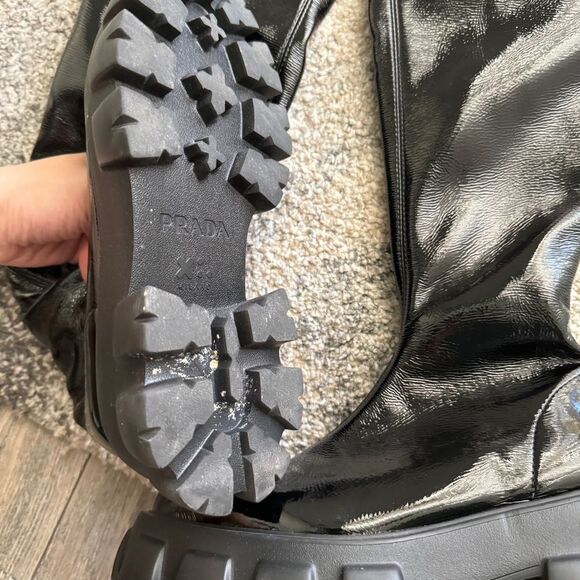 PRADA MONOLITH PATENT LEATHER BOOTS - Picture 5 of 5